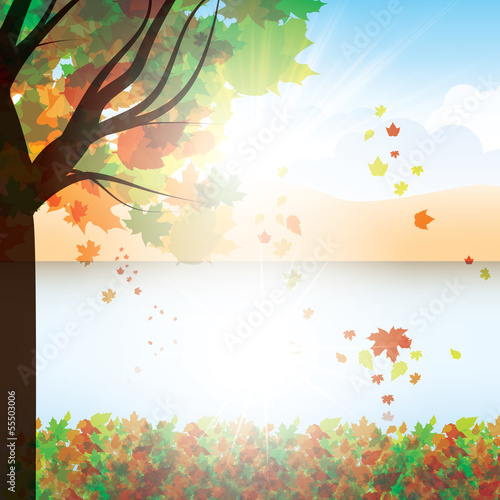 Autumn background with trees and falling leaves
