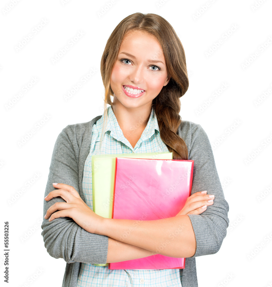 Student Girl Portrait. Cute Teenage Girl Holding Books Student Girl Portrait. Cute Teenage Girl Holding Books