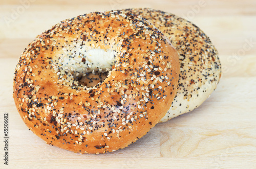 Bagels on wooden cutting board © DD Images