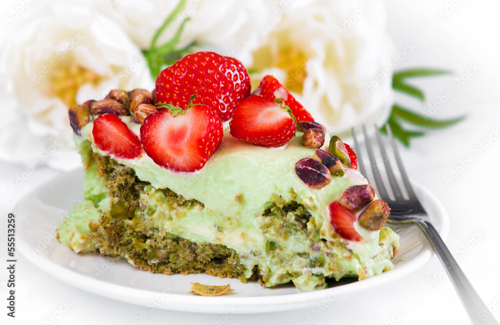Close up of creamy pistachio cake Close up of creamy pistachio cake
