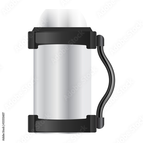 Silver thermos flask on a white background
