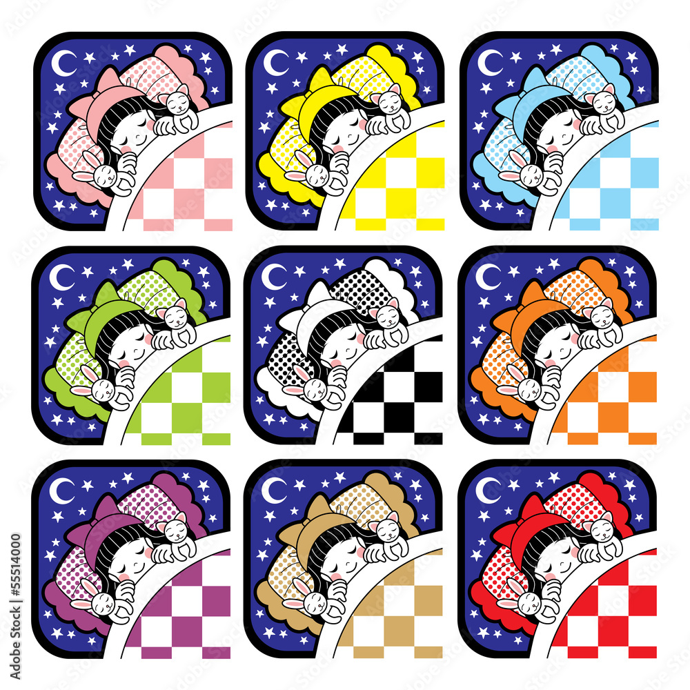 夜布団で眠る女の子とウサギと猫アイコン９色セット Stock ベクター Adobe Stock