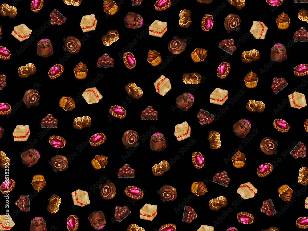 Background with chocolate cakes arranged randomly Background with chocolate cakes arranged randomly