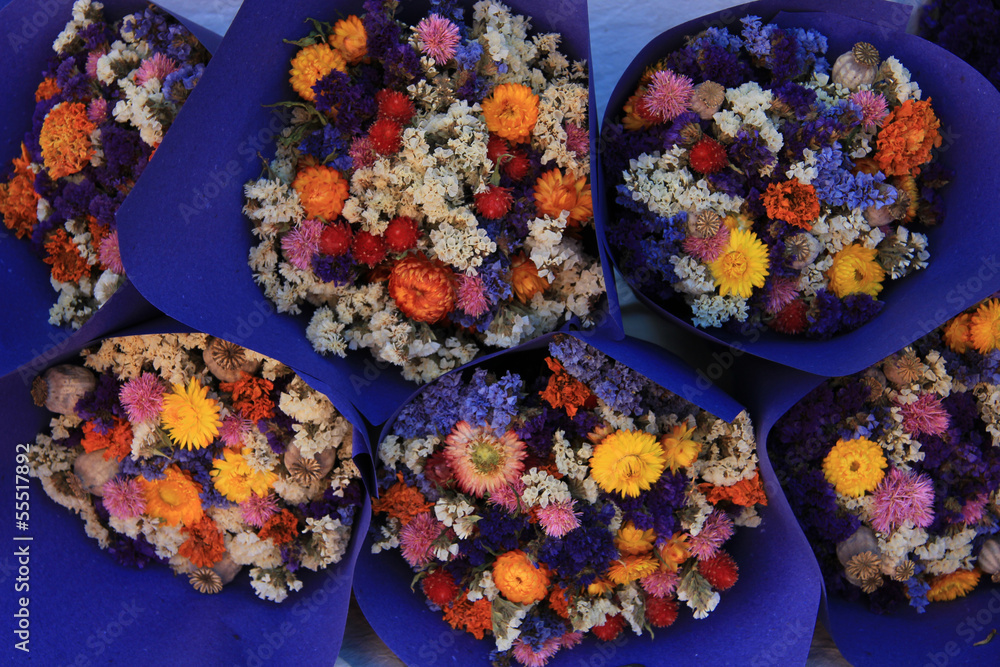 Dried flower bouquets at a market