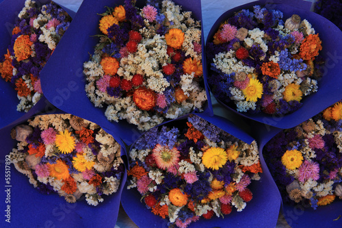 Dried flower bouquets at a market