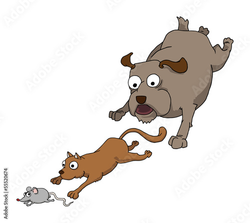 Dog cat and mouse chasing together, vector illustration