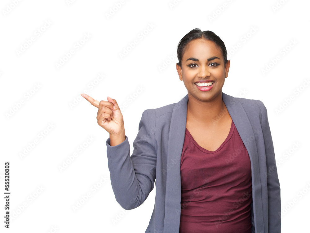 Beautiful young woman smiling and pointing finger Beautiful young woman smiling and pointing finger