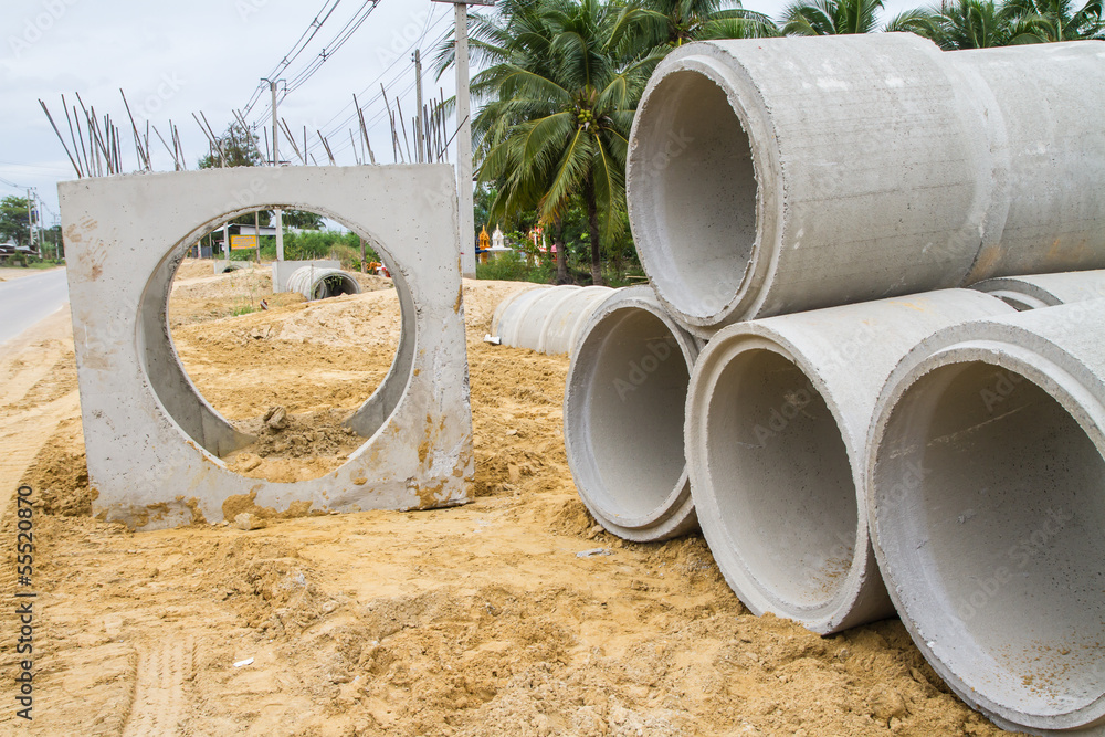 Concrete drainage pipe on a construction site in Thailand