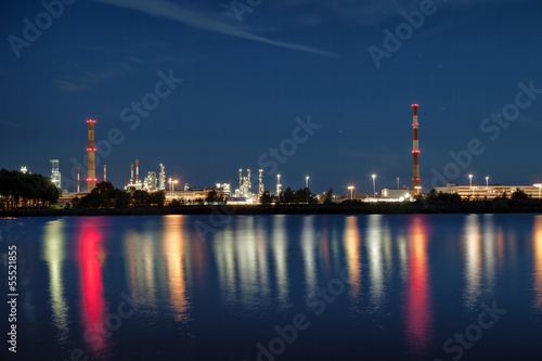 View of large refinery at night in Gdansk, Poland.
