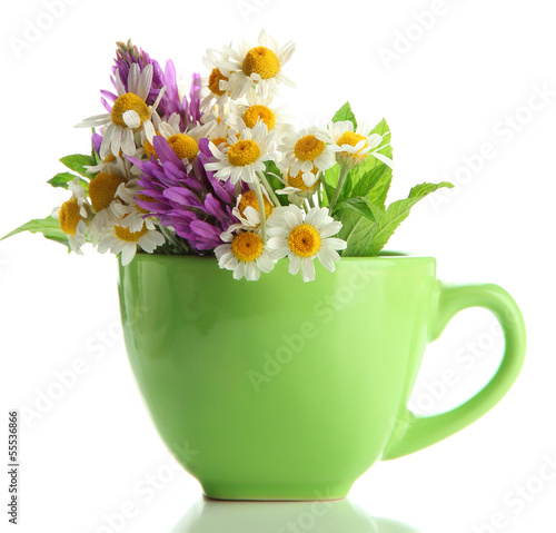 Wallpaper Mural Beautiful wild flowers and mint in cup, isolated on white Torontodigital.ca