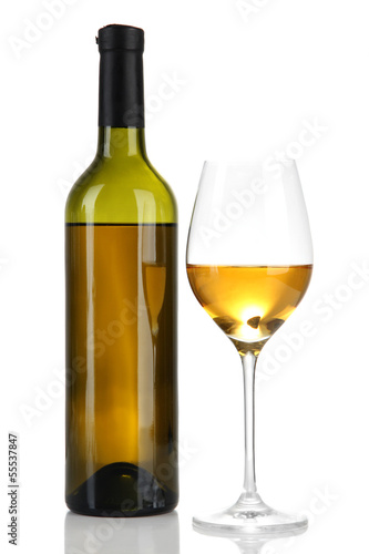 Wine bottle and wineglass with white wine, isolated on white