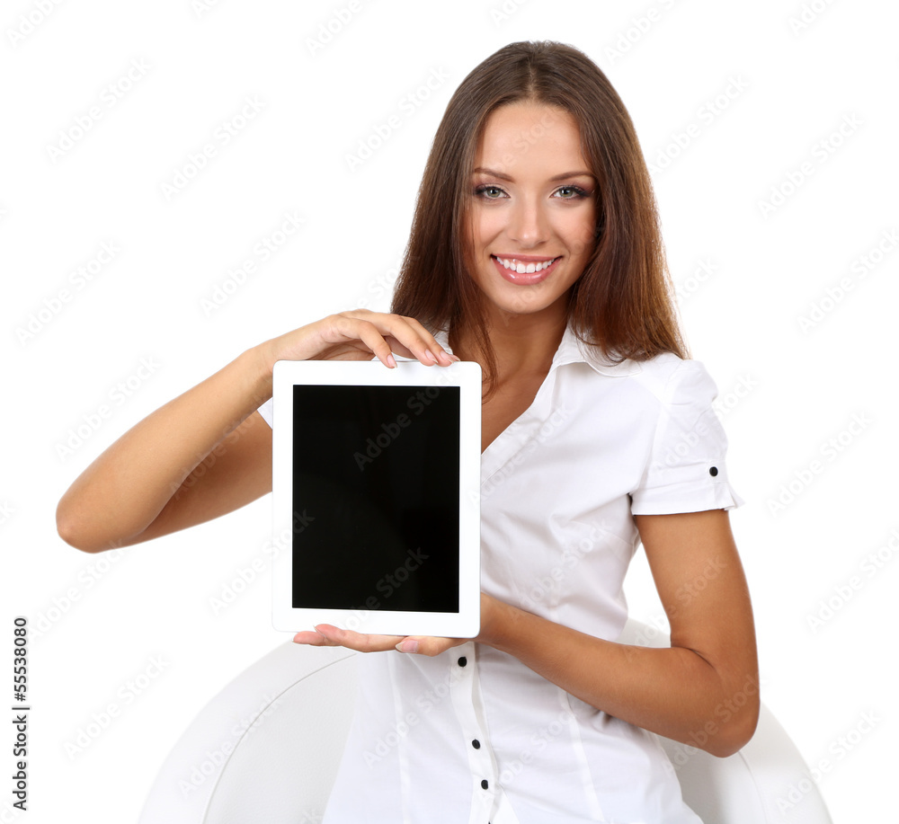 Young beautiful business woman with tablet isolated on white Young beautiful business woman with tablet isolated on white