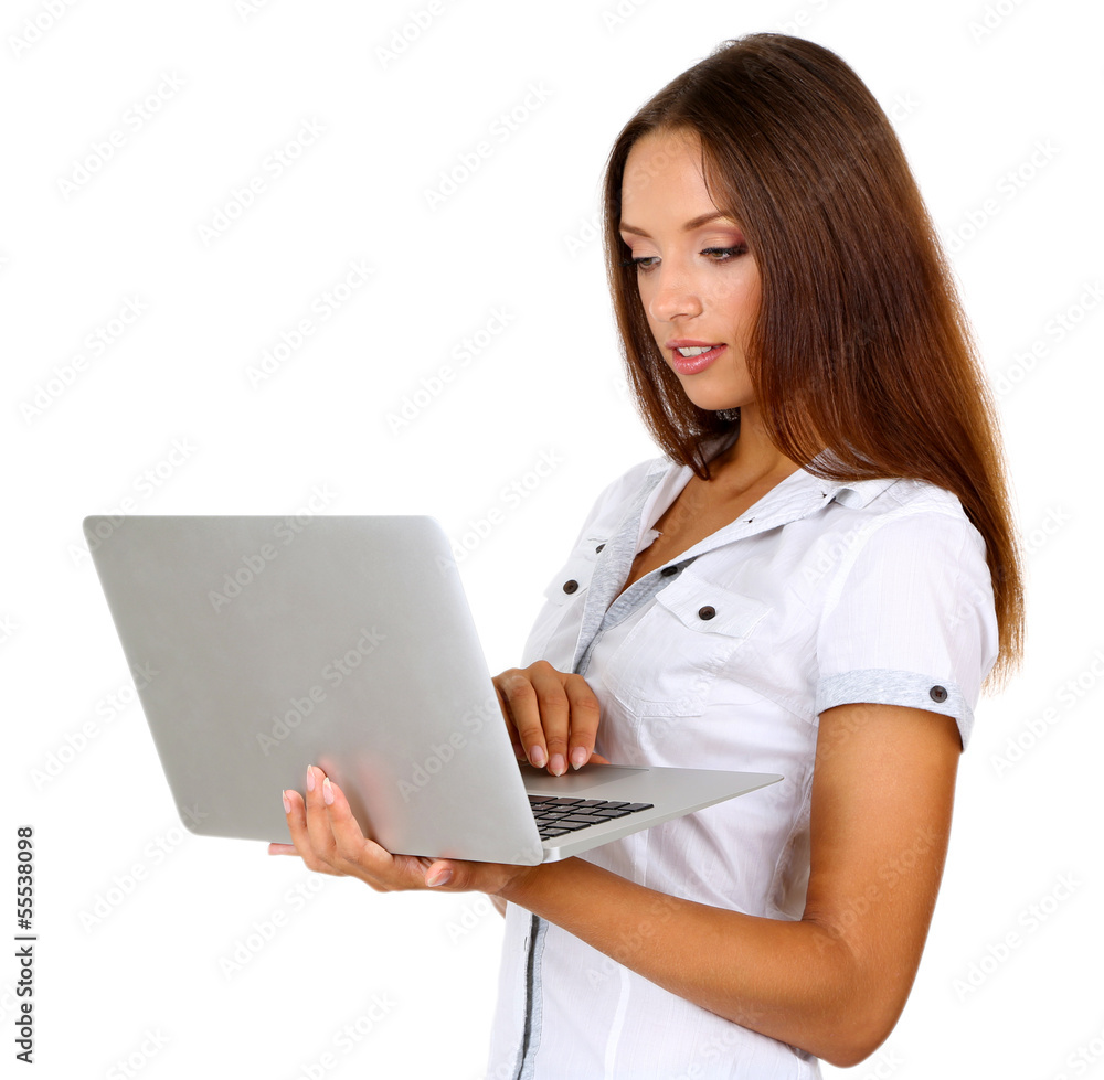 Young beautiful business woman with laptop isolated on white Young beautiful business woman with laptop isolated on white