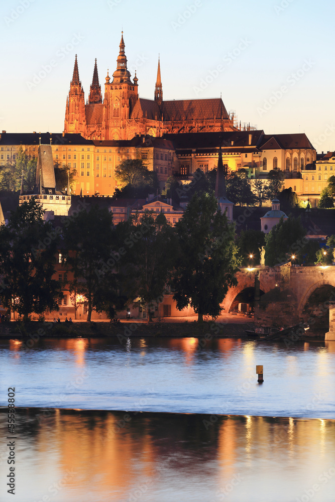Prague gothic Castle above the River Vltava after Sunset
