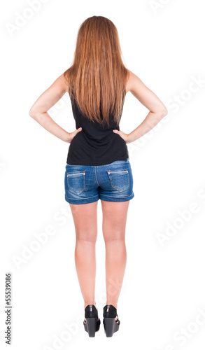 back view of standing young beautiful redhead woman.