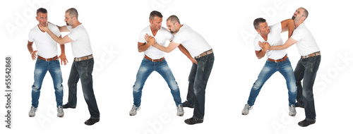 Man choking other man, series of selfdefense