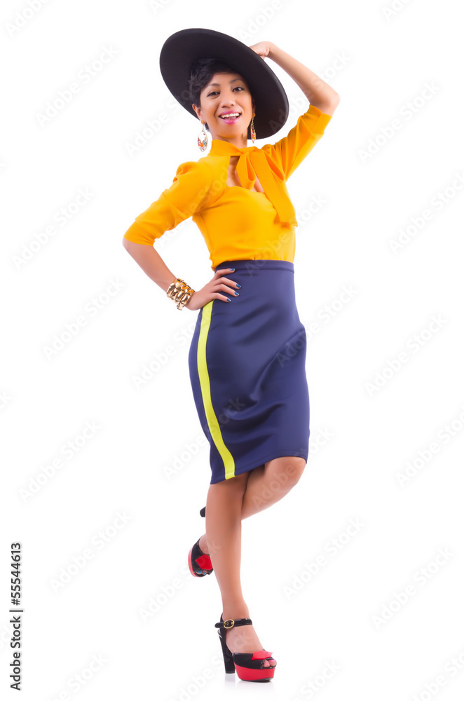 Model wearing fashionable clothing on white Model wearing fashionable clothing on white
