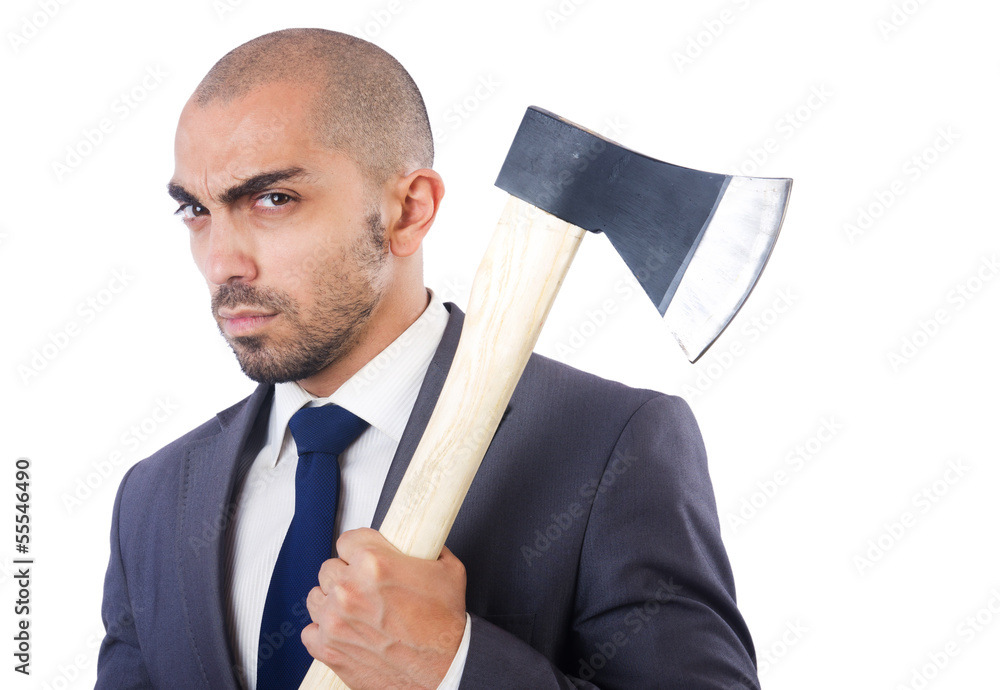 Funny businessman with axe on white Funny businessman with axe on white