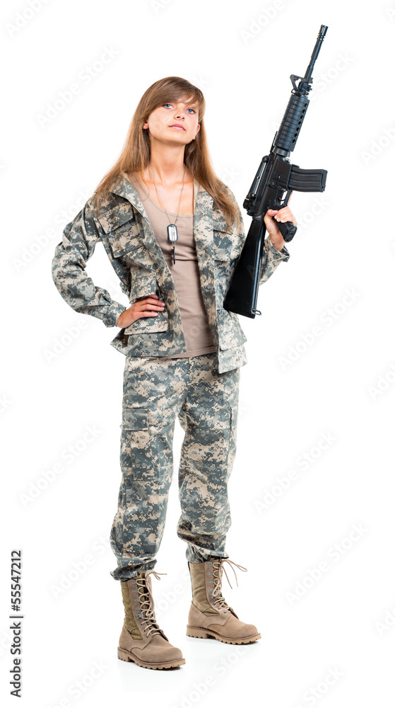 Soldier young beautyful girl dressed in a camouflage with a gun Soldier young beautyful girl dressed in a camouflage with a gun