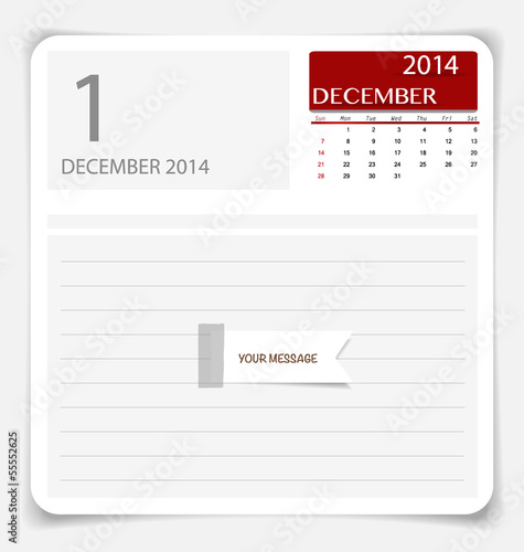 Simple 2014 calendar, December. Vector illustration.