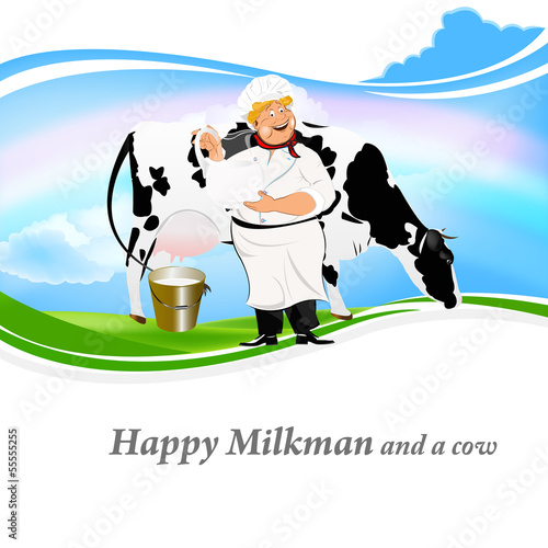 Happy Milkman with a jug of milk and a cow on a green meadow