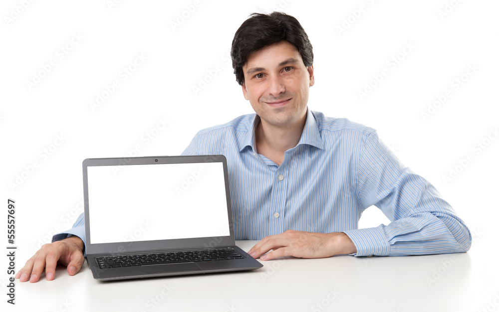 handsome young businessman displaying laptop handsome young businessman displaying laptop