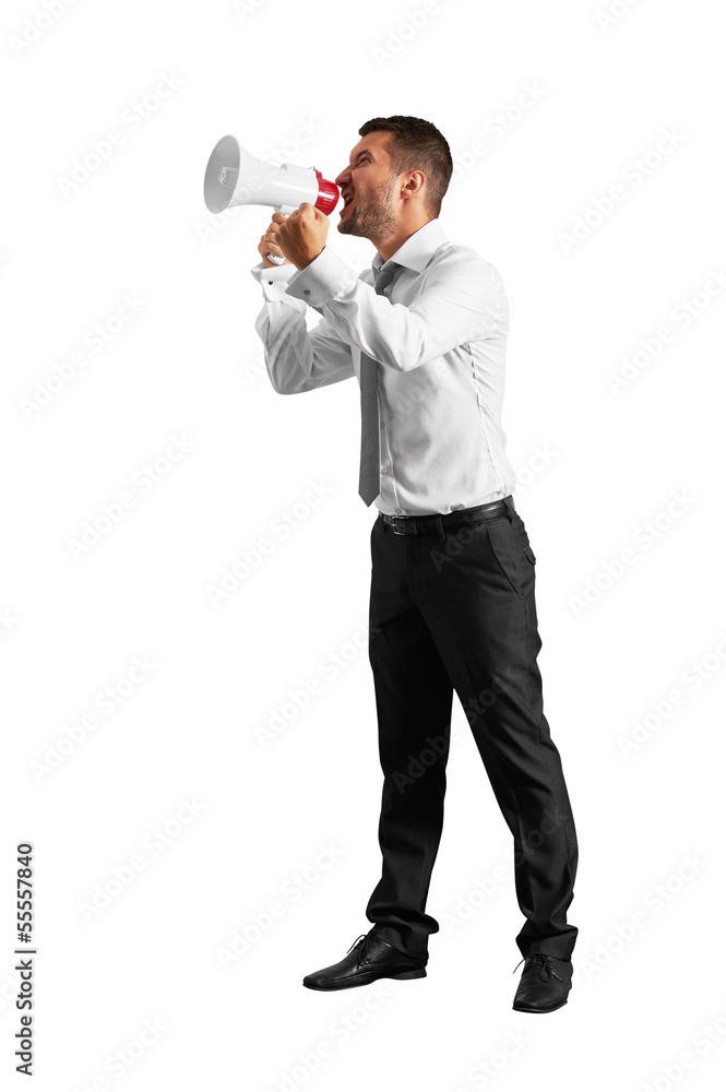 man with megaphone looking up man with megaphone looking up