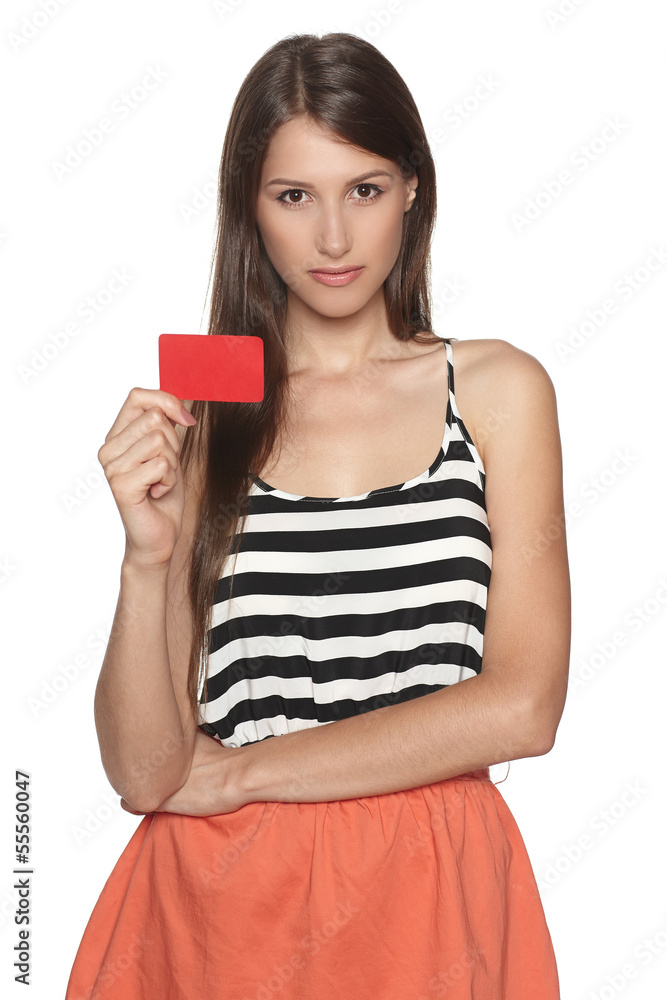 Calm young woman showing blank credit card Calm young woman showing blank credit card