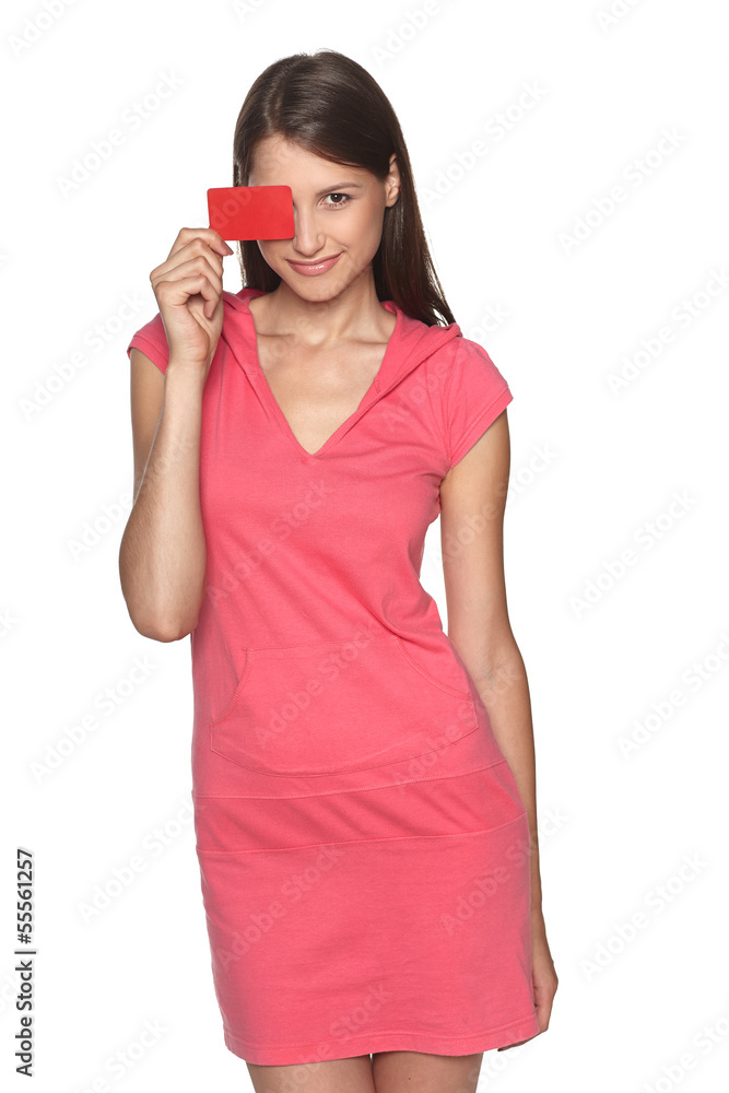 Smiling female showing blank credit card Smiling female showing blank credit card