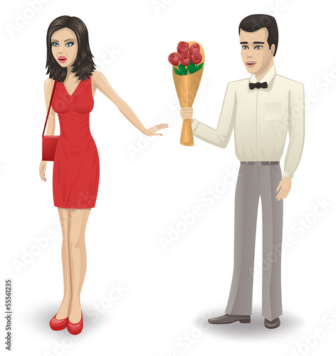 The man gives a girl a bouquet of roses. The girl refuses.