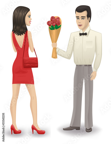 Man giving his girlfriend a bouquet of roses.