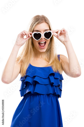 Woman in blue with sunglasses