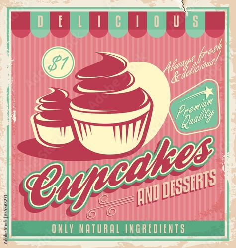 Cupcakes vintage poster design on scratched grunge background