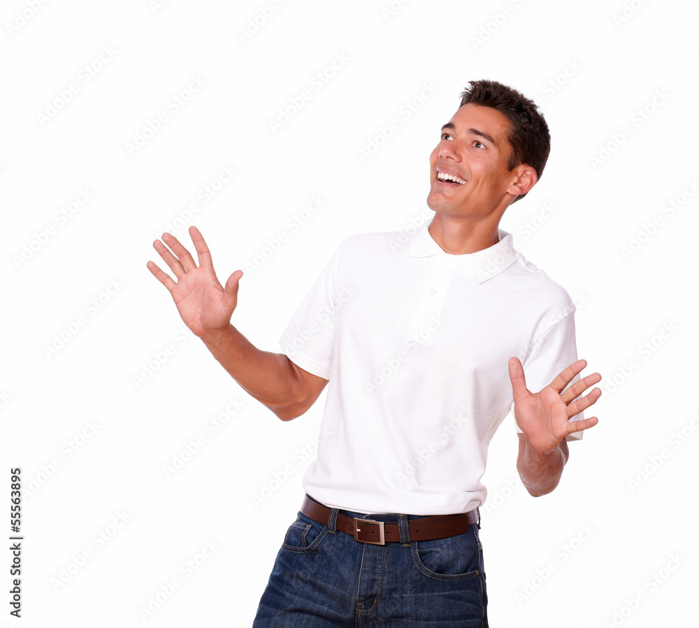 Charming man in white t-shirt is surprised. Charming man in white t-shirt is surprised.
