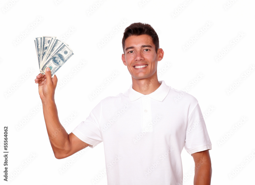 Attractive man is holding money in one hand. Attractive man is holding money in one hand.