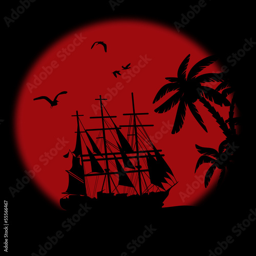 Boat on the ocean in front of full moon