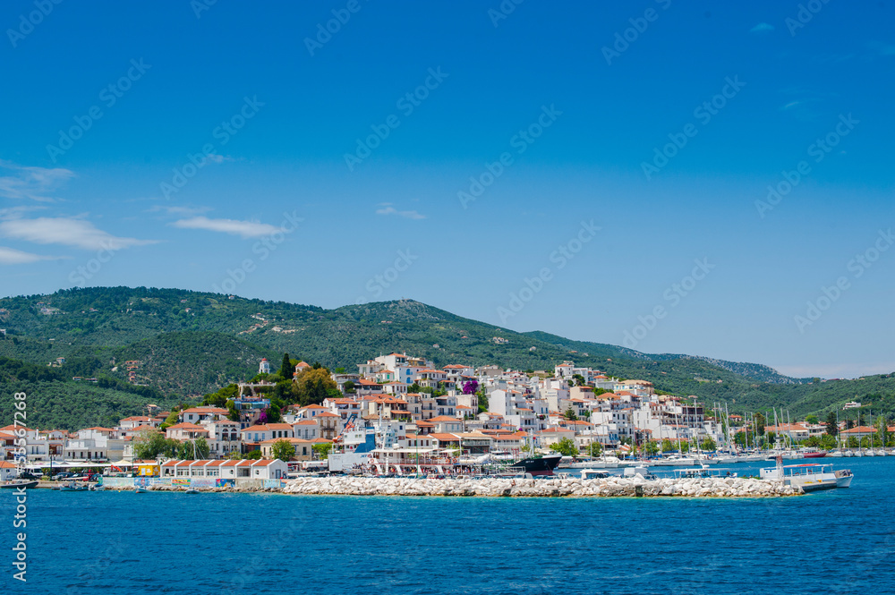 View of Skiathos town and harbour in Greece