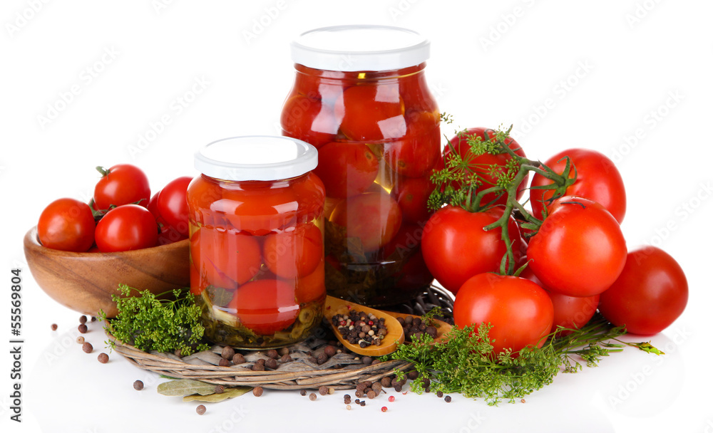 Tasty canned and fresh tomatoes, isolated on white Tasty canned and fresh tomatoes, isolated on white
