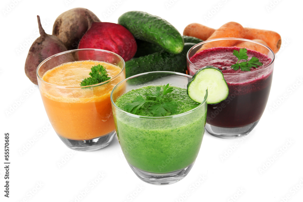 Fresh vegetable juices isolated on white Fresh vegetable juices isolated on white