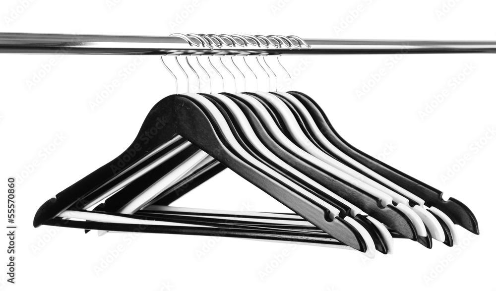 Black and white clothes hangers isolated on white