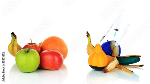 Injection into fruit and vegetables isolated on white