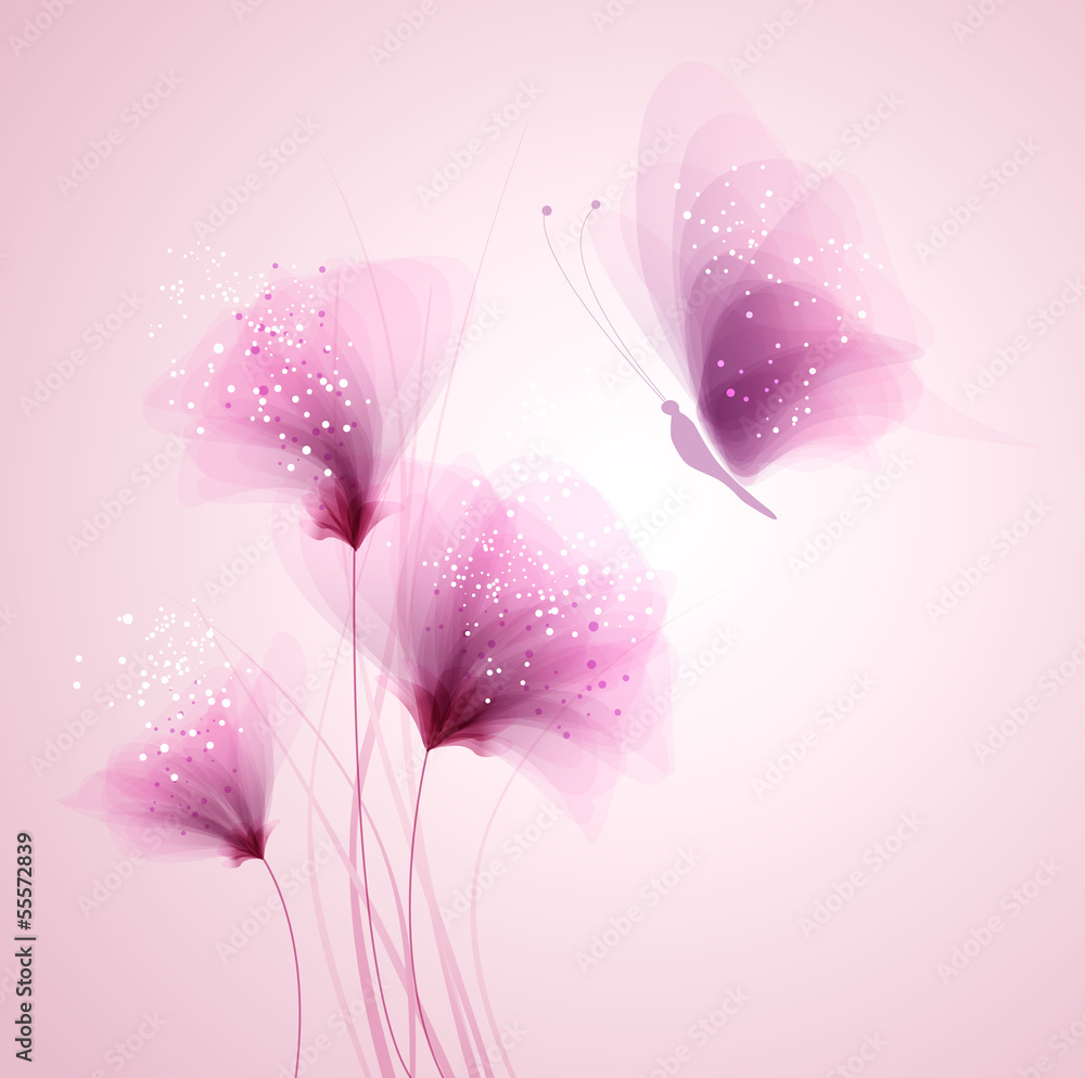Obraz premium Pastelowy motyl i delikatne kwiaty
