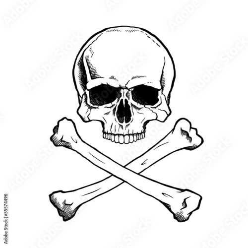 Black and white human skull and crossbones.