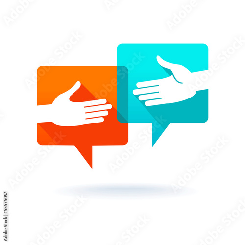 Dialog bubbles with shaking hands