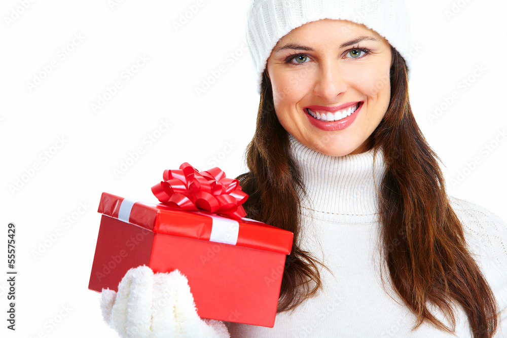 Beautiful young Christmas girl with gift. Beautiful young Christmas girl with gift.