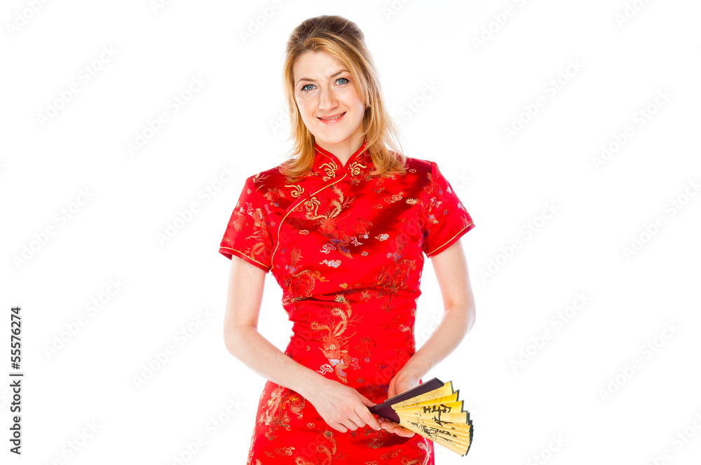 young and beautiful woman in a red Chinese dress young and beautiful woman in a red Chinese dress