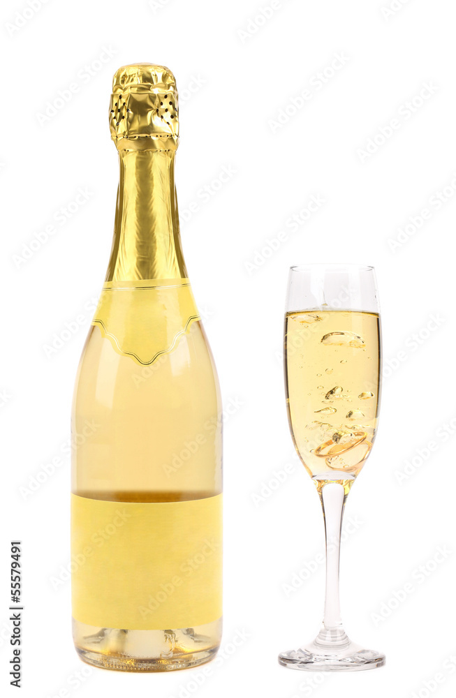 Goldish bottle and glass of champagne.
