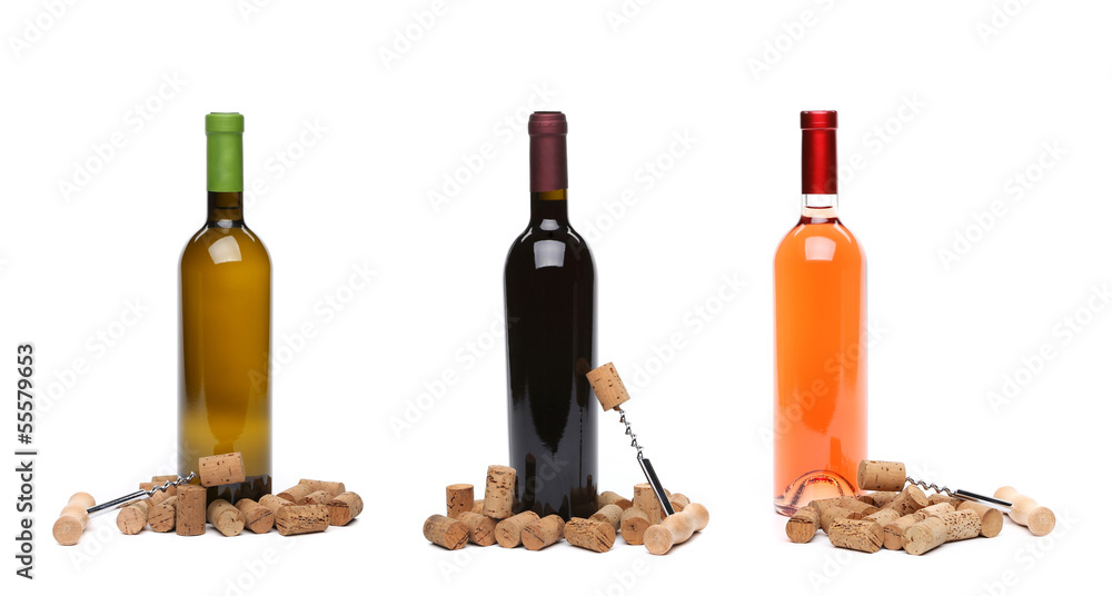 Obraz premium Collage corks and corkscrew with bottle of wine.