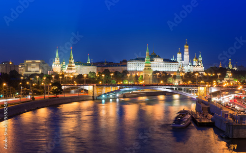 night view of Kremlin and Moscow River in Moscow. Russia