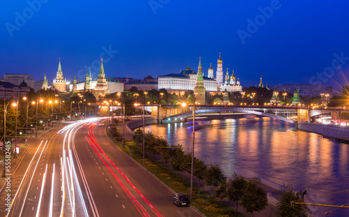 night view of Kremlin and Moscow River in Moscow, Russia
